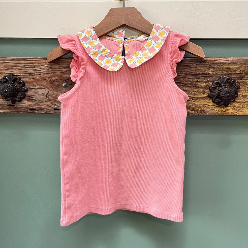 Matilda Jane Girls Pink Ribbed Knit Ruffle Sleeve Top Floral Peter Pan Collar 8